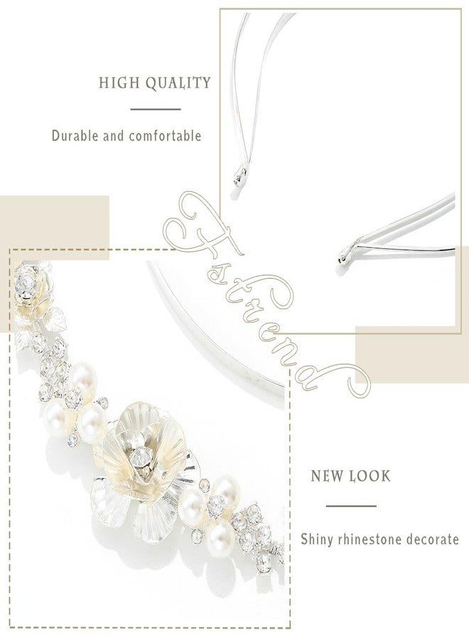 Fstrend Flower Crown Headband Silver Pearl Bride Wedding Tiaras Rhinestone Layered Headpiece Floral Bridal Princess Angel Prom Headwear for Women - Image 5